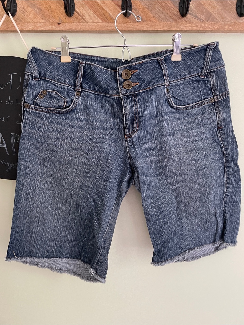 DKNY Distressed Mid-Blue Denim Bermuda Shorts